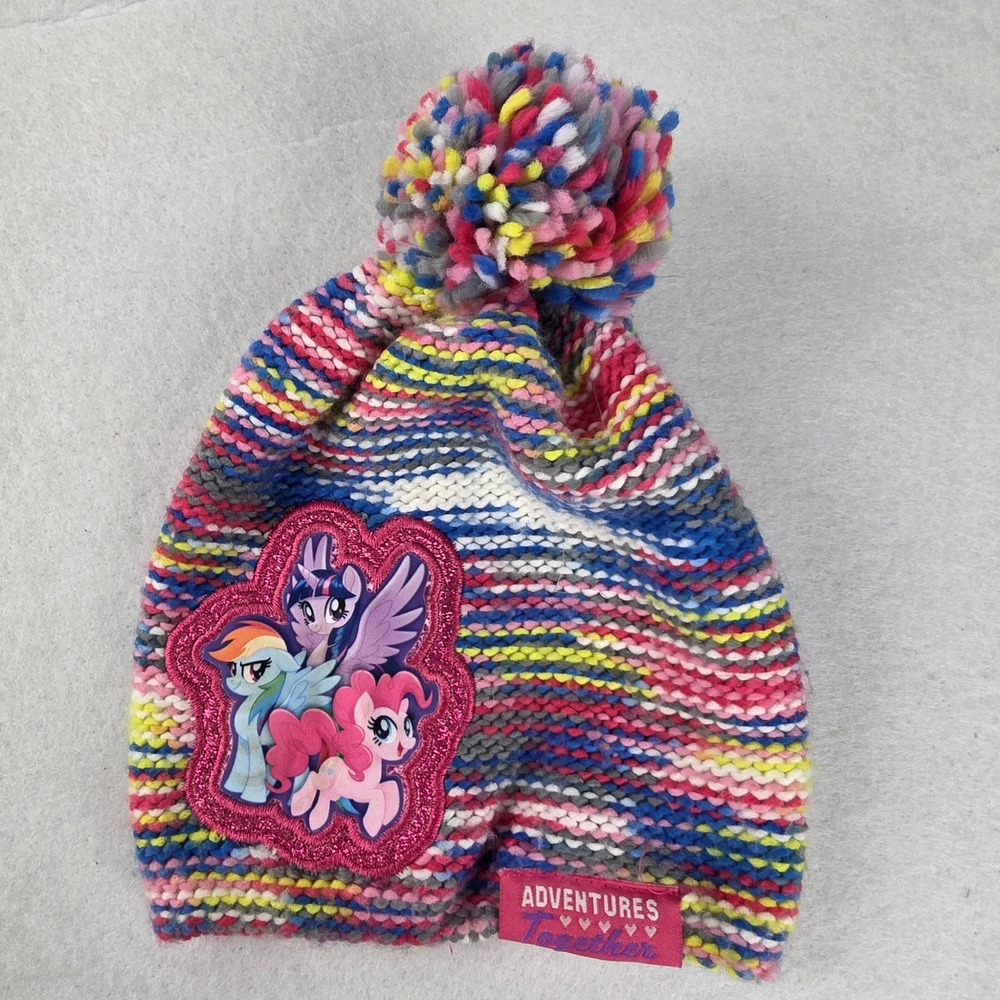 My Little Pony Kids Multi-Color Knit Beanie Pom Pom Hat Rainbow Dash Pinkie Pie